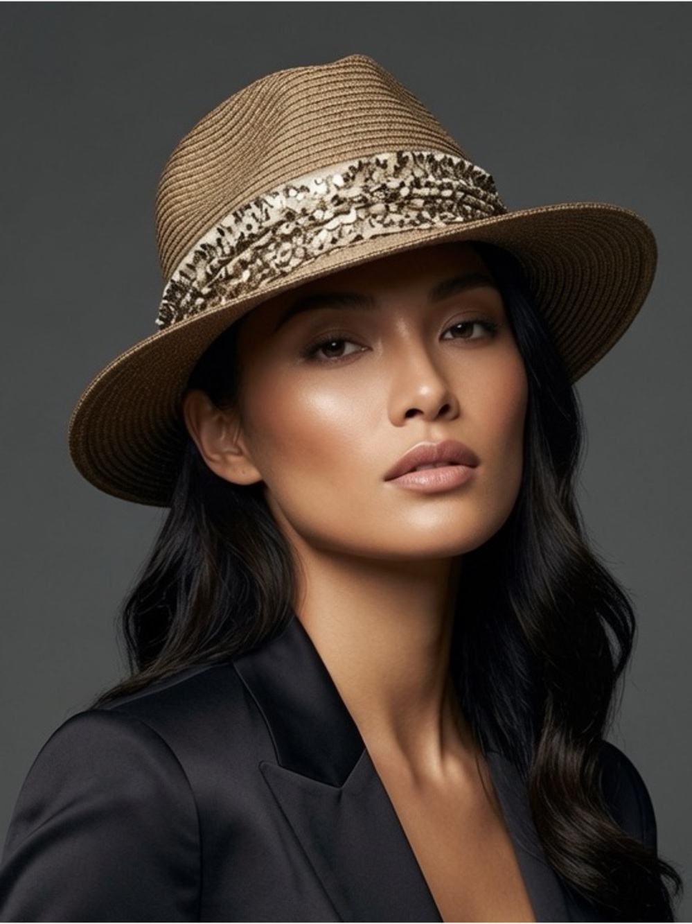 Eugenia Kim Tan Straw Fedora with Patterned Sequin Band - Picture 1 of 5